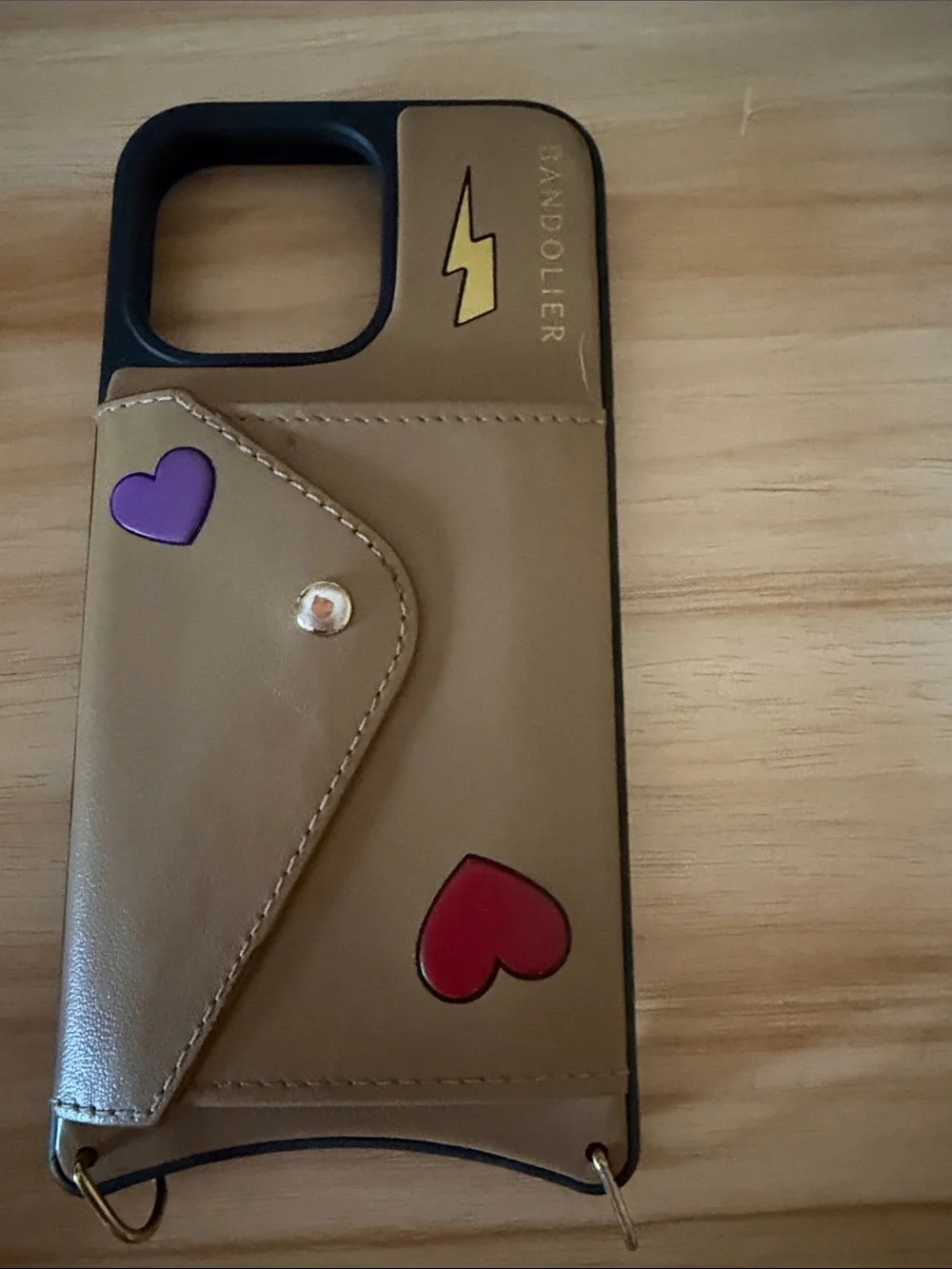 Bandolier Tan Leather Card Wallet IPhone 14 ProMax Case with Hearts